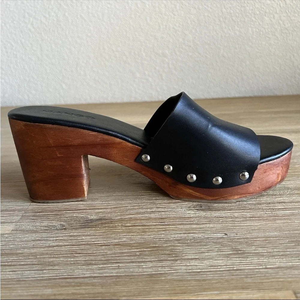 Mango Block Heel Shoes Black Leather Chunky Wood Studded Platform Women’s 7.5